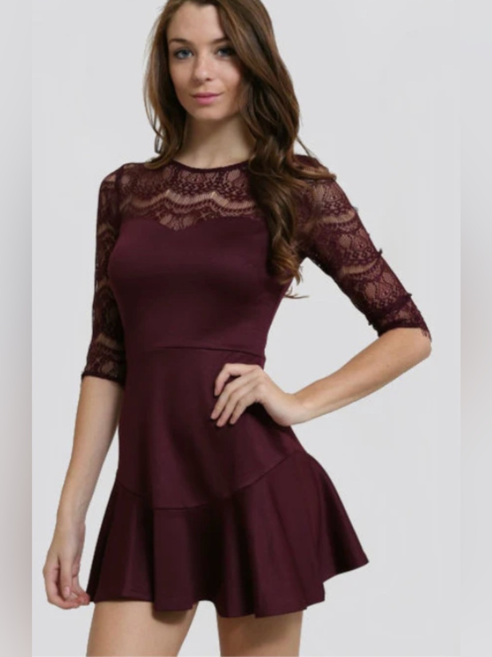Forever 21 Lace 3/4 Sleeve Skater Dress Burgundy Size Lrg
